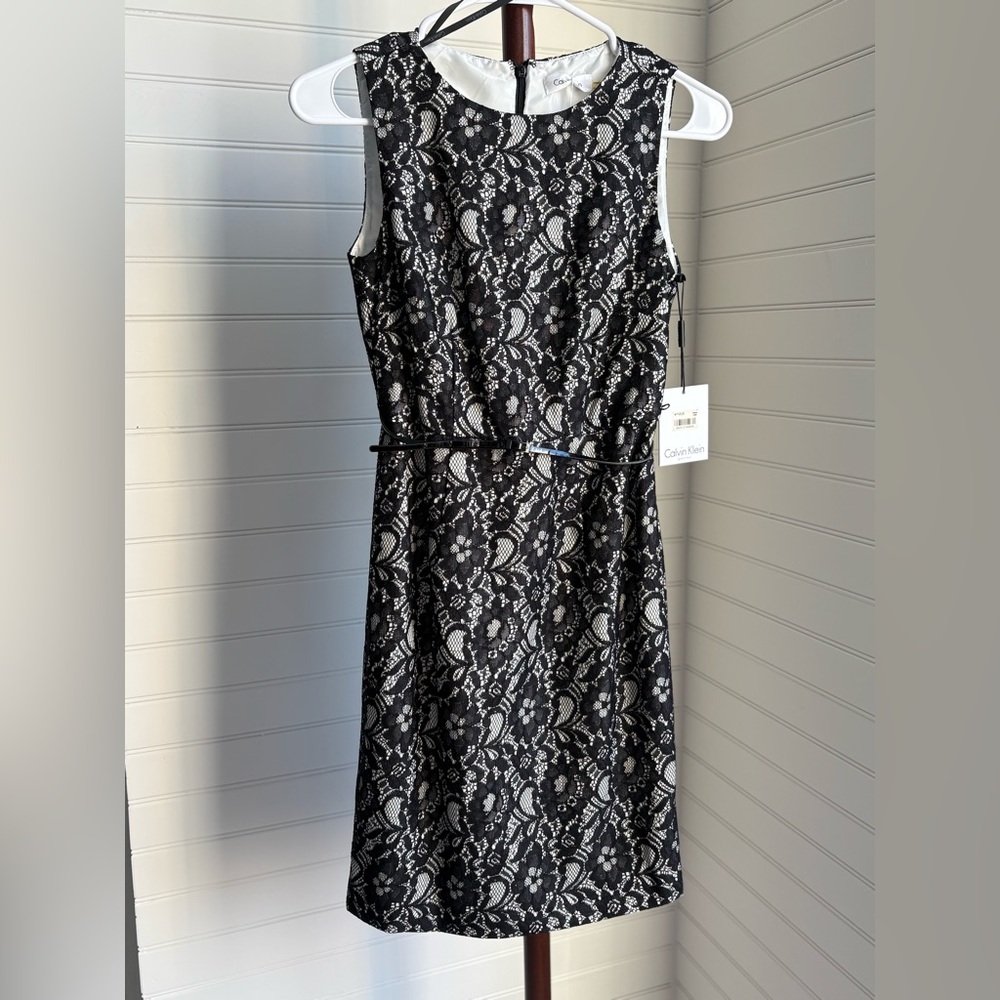 Calvin Klein Black and White Lace Midi Dress